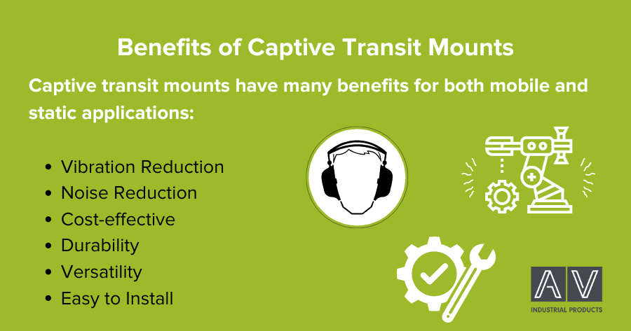 A graphic showing the benefits of captive transit mounts, including vibration reduction, noise reduction, durability and more